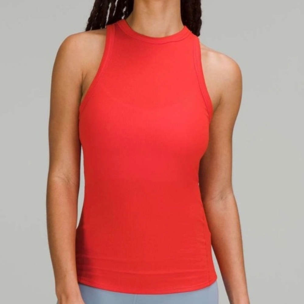 NWT Lululemon Hold Tight Tank Top Sz 4 Solar Orange Ribbed High Neck Hip Length